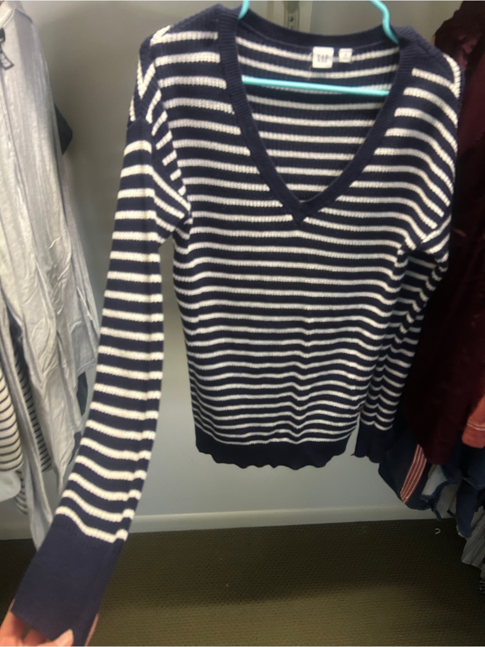 GAP Navy and White Striped V-Neck Sweater